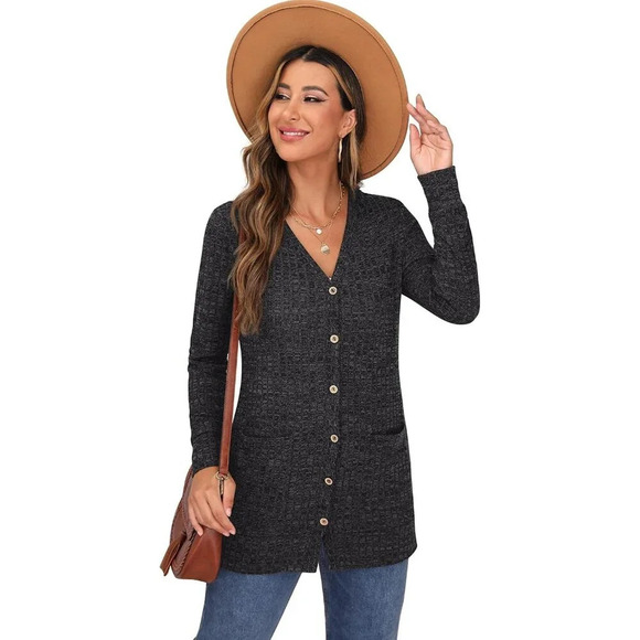 ❤️Women Grey Open Front Button Down Knit Ladies  Sweater Outerwear with Pockets - Picture 4 of 6